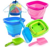 Sloosh 3-Pack Collapsible Sand Toys - Square Foldable Pail Silicone Beach Water Bucket with 3 Shovels for Sandbox Play, Party in Summer Portable Toddler Kids Toys Beach Travel (Pink/Blue/Green)