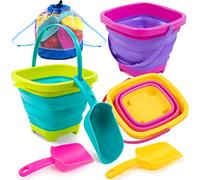 Sloosh 3 PCS Foldable Buckets with 3 Shovels Sand Water Bucket Sandbox Square Party in Summer Foldable Pail Silicone Collapsible Bucket Kids Beach Toys Travel (Pink/Purple/Green)