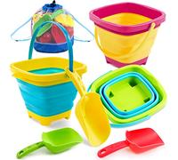 Sloosh 3 PCS Foldable Buckets with 3 Shovels Sand Water Bucket Sandbox Square Party in Summer Foldable Pail Silicone Collapsible Bucket Kids Beach Toys Travel (Yellow/Blue/Green)