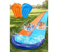 Sloosh 32.5FT/990.6cm Double Water Slides, Heavy Duty Lawn Slide with Sprinkler and 2 Inflatable Boards Backyard Yard Lawn Summer Outdoor Water Toy for Kids Adults
