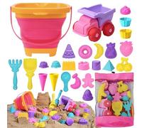 Sloosh Beach Sand Toys Set - Pink Dump Truck Car Toy with Sand Molds, Collapsible Buckets Mesh Bag Shovels Castle Ice Cream Mold for Ages Kids Toddlers Sandbox Toys Gifts Travel Vacation (Foods)