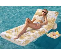 SLOOSH Inflatable Pool Float Adult, Tropical Leaves Pool Floaties Lounger with Adjustable Backrest Cup Holders, Sun Tanning Float Rafts Floating Chair Pool Beach Lake Lounge Water Keep Cool,Champagne