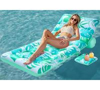 SLOOSH Inflatable Pool Float Adult, Tropical Leaves Pool Floaties Lounger with Adjustable Backrest Cup Holders, Sun Tanning Float Rafts Floating Chair Pool Beach Lake Lounge Above Water Keep Cool,Cyan