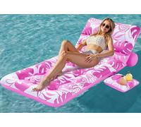 SLOOSH Inflatable Pool Float Adult, Tropical Leaves Pool Floaties Lounger with Adjustable Backrest Cup Holders, Sun Tanning Float Rafts Floating Chair Pool Beach Lake Lounge Above Water Keep Cool,Pink