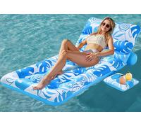 SLOOSH Inflatable Pool Float Adult, Tropical Leaves Pool Floaties Lounger with Adjustable Backrest Cup Holders, Sun Tanning Float Rafts Floating Chair Pool Beach Lake Lounge Above Water Keep Cool,Blue
