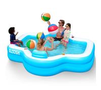 SLOOSH Inflatable Swimming Pool with Seats, 305 x 257 x 66 cm Full-Sized Blow Up Durable Thickened Above Ground Family Paddling Tanning Pool with Backrest Cup Holders for Summer Garden Lawn, Blue