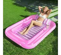 SLOOSH Inflatable Tanning Pool Lounger Float, 70" x 46" Extra Large Pool Floats Adult with Pillow, 4 in 1 Suntan Tub Raft Floatie,Sunbathing Bed Lounge for Water Blow Up Party Gifts, L-Pink White