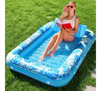 SLOOSH Inflatable Tanning Pool Lounger Float, 70" x 46" Extra Large Pool Floats Adult with Pillow, 4 in 1 Suntan Tub Raft Floatie,Sunbathing Bed Lounge for Water Blow Up Ball Pit Party Gifts, L-Blue