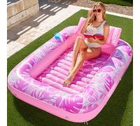 SLOOSH Inflatable Tanning Pool Lounger Float, 70" x 46" Extra Large Pool Floats Adult with Pillow, 4 in 1 Suntan Tub Raft Floatie,Sunbathing Bed Lounge for Water Blow Up Ball Pit Party Gifts, L-Pink