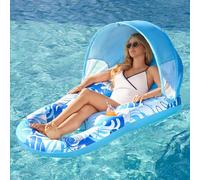 SLOOSH Pool Inflatables Adult, Pool Float Lounge with Canopy, Inflatable Tanning Pool Water Inflatable Pool Chairs for adults with Cup Holders Foot Rest Swimming Floaty Blue