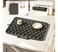 Sloped Silicone Dish Drying Mat with Strap for Kitchen Counter,Black30x40cm | Heat Resistant Anti-Slip Drying Mat with Strap for Hangable & Roll-Up for Storage, Sloped & Ribbed Design Speeds Drying