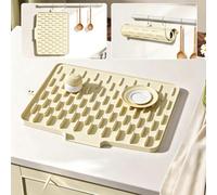 Sloped Silicone Dish Drying Mat with Strap for Kitchen Counter,White30x40cm | Heat Resistant Anti-Slip Drying Mat with Strap for Hangable & Roll-Up for Storage, Sloped & Ribbed Design Speeds Drying