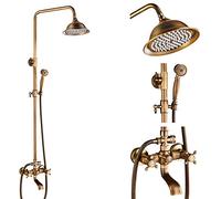SLOPSS Antique Brass Shower Faucets Set 8'' Rainfall Shower Commodity Shelf Dual Handle Mixer Tap Swivel Tub Spout Bath Shower,Type B Without Shelf (Type B Without Shelf)
