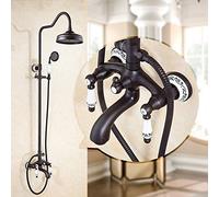 SLOPSS Bathroom Copper Bronze Retro Ceramic Bathroom Shower Hand Shower Set European Straight Lift Shower 360° Rotating Round Round Top Spray 3 Function Booster Faucet No