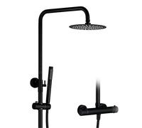 SLOPSS Bathroom Thermostatic Shower Faucet Set Black,Chrome Fall Faucet Brass Diverter Mixer Tap Set Hand held Shower 8,12" Shower Head Wall Arm Valve Shower Kit,Black,8 inch