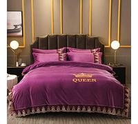 SLOPSS Bed King Size Brown Winter Bedding Double Duvet Covers Set with Fitted Quilt Cover Sets Flat Sheet Pillowcases Lace Embroidery (Purple Queen)