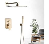 SLOPSS Brushed Gold Wall Mounted 8 Rainfall Bath Shower Faucet Set with Handshower Single Handle Rain Shower Mixer Tap,12 Inch Head,10 Inch Head