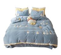 SLOPSS Cartoon Embroidery Warm Milk Four-Piece Winter Thick Coral Soft Duvet Cover Double-Sided Velvet Bedding (Color Yellow Size : (Blue 4piece Suit 1.8m)