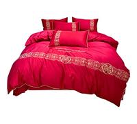 SLOPSS Chinese Long-Staple Embroidery Four-Piece Pure Cotton Duvet Cover Sheet Wedding Bedding (Color Size : (Red 2m)