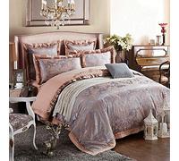SLOPSS Duvet Cover Set Silk 100% Cotton Luxury Satin Jacquard Bedding Sets 6pcs King Size Silver Grey White Pink Double Bed Twin (B Queen)