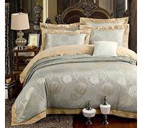 SLOPSS Duvet Cover Set Silk 100% Cotton Luxury Satin Jacquard Bedding Sets 6pcs Size Silver Grey White Pink Double Bed Twin (E King)