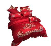 SLOPSS Duvet Set Embroidery Satin Cotton Bedding Piece Comforter Cover Bed Sheet& 2 Pillowcases Red Wedding Pattern