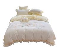 SLOPSS Korean Fresh Washed Four-Piece Pastoral Style Leaf Lace Quilt Cover Pure Cotton Bedding (Color Size 1.5m) (4 piece Suit)