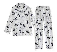 SLOPSS Ladies Pajamas,Autumn Full Cotton Pajamas Women Long-Sleeve Home Wear Korean Style Cute Kitty Printed Fresh Knitted Turndown Collar Sleepwear