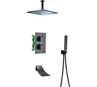 SLOPSS Led Shower System Thermostatic Concealed Shower Faucet Black Shower Combo Set With Handheld Sprayer And Square Rain Shower Head, Waterfall Tub Spout Tub And Shower Trim Kit,Type A,
