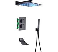 SLOPSS Led Shower System Thermostatic Concealed Shower Faucet Black Shower Combo Set With Handheld Sprayer And Square Rain Shower Head, Waterfall Tub Spout Tub And Shower Trim Kit,Type A,