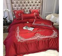 SLOPSS Luxury Satin Bedding Soft Breathable Duvet/Quilt Cover Flat Sheet Pillowcases Silk Cotton Embroidery Bed Set 4pcs (Color Pink Size : Double) (Red King)