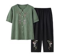 SLOPSS Middle-Aged And Elderly Loungewear Sets for Women Summer, Blue Crew Neck Button Diamond Check Floral Embroidery T-Shirt Elastic Waist Cropped Trousers 2 Piece Outfits