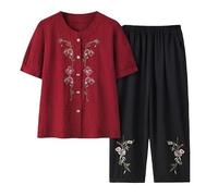 SLOPSS Middle-Aged And Elderly Loungewear Sets for Women Summer, Blue Crew Neck Button Diamond Check Floral Embroidery T-Shirt Elastic Waist Cropped Trousers 2 Piece Outfits
