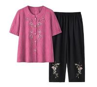 SLOPSS Middle-Aged And Elderly Loungewear Sets for Women Summer, Blue Crew Neck Button Diamond Check Floral Embroidery T-Shirt Elastic Waist Cropped Trousers 2 Piece Outfits