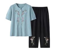 SLOPSS Middle-Aged And Elderly Loungewear Sets for Women Summer, Blue Crew Neck Button Diamond Check Floral Embroidery T-Shirt Elastic Waist Cropped Trousers 2 Piece Outfits