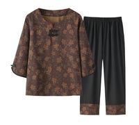 SLOPSS Middle Aged and Elderly Summer Lounge Sets For Women, Brown 3/4 Sleeves Crew Neck Qipao Button Leaf Print T Shirt Elastic Waist Cropped Trousers 2 Piece Co Ords Outfits