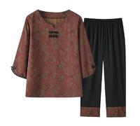 SLOPSS Middle Aged and Elderly Summer Lounge Sets For Women, Brown 3/4 Sleeves Crew Neck Qipao Button Leaf Print T Shirt Elastic Waist Cropped Trousers 2 Piece Co Ords Outfits