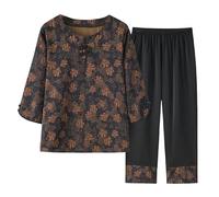 SLOPSS Middle Aged and Elderly Summer Lounge Sets For Women, Brown 3/4 Sleeves Crew Neck Qipao Button Leaf Print T Shirt Elastic Waist Cropped Trousers 2 Piece Co Ords Outfits