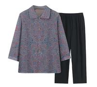 SLOPSS Middle-Aged and Elderly Summer Lounge Sets for Women, Red 3/4 Sleeve Lapel Buttons Leaf Branch Print Shirt Elastic Waist Cropped Trousers 2 Piece Co Ords Outfits