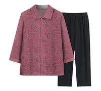 SLOPSS Middle-Aged and Elderly Summer Lounge Sets for Women, Red 3/4 Sleeve Lapel Buttons Leaf Branch Print Shirt Elastic Waist Cropped Trousers 2 Piece Co Ords Outfits