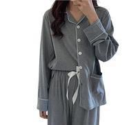 SLOPSS Pajama Set Women Turn-down Collar Sleepwear Basic Casual Wit-m