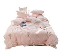 SLOPSS Princess Style Washed Flower Embroidery Four-Piece Set Korean Ruffled Cotton Duvet Cover Soft Bedding (Color Size : (Pink 4piece Suit 1.5m)