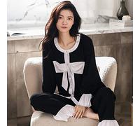 SLOPSS Pyjamas,Women'S Pyjama Sets Black White Cotton Round Neck Bowknot Cuffs Ruffles Cute Cosy Warm Long Sleeve Pjs Top & Bottoms Set Lounge Wear Nightwear Soft Sloth Sleepwear