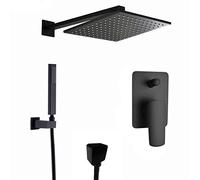 SLOPSS Shower Faucet System Set, Brass Square Matte Black Shower Set Bathroom Tap 8-12" Rain Shower Head Shower Arm Diverter Mixer Handheld Shower Spray Set with Hand Shower Kit,Matt Blac