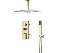 SLOPSS shower sets for bathroom Gold Bathroom Shower Faucet Black Digital All Metal Shower Faucets Set Rainfall Shower Head Digital Display Mixer Tap Celling 16inch