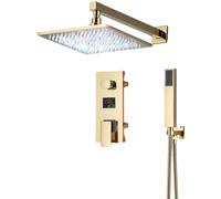 SLOPSS shower sets for bathroom Gold Bathroom Shower Faucet Black Digital All Metal Shower Faucets Set Rainfall Shower Head Digital Display Mixer Tap 12inch LED