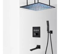 SLOPSS shower sets for bathroom Luxury Black LED Thermostatic Shower Faucet Large Rain Waterfall Shower System Button Control Thermostatic Mixer Tap Bath Shower 3-way 20inch B