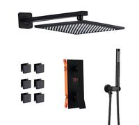 SLOPSS shower sets for bathroom Matte Black Big Rainfall Shower Faucet Set Single Lever Temperature Digital Display Concealed Shower Mixing Valve Tap 10 inch