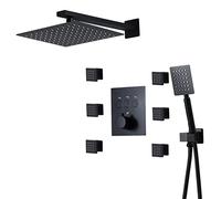 SLOPSS Thermostatic Shower Black, 25cm Square Stainless Steel Shower Head with Handheld Shower, 6PCS Body Jet, Wall Mounted Shower Faucet Set