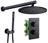 SLOPSS Thermostatic Shower Faucet Set Matt Black Solid Brass Shower System Set Valve Concealed Thermostat Trim with Two Way Control Kit Rain Shower with Shower Head and Shower Hose,10 inc